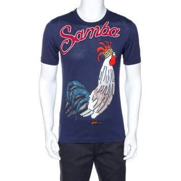 Pre Owned Dolce & Gabbana Navy Blue Samba Rooster Print Cotton T-Shirt M