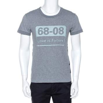 Pre Owned Dolce & Gabbana Grey Graphic Print Cotton Stripe Detail T-Shirt S