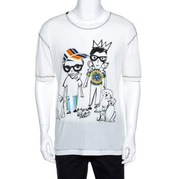 Pre Owned Dolce & Gabbana White Designers & Pets Print Cotton Silk T-Shirt XS