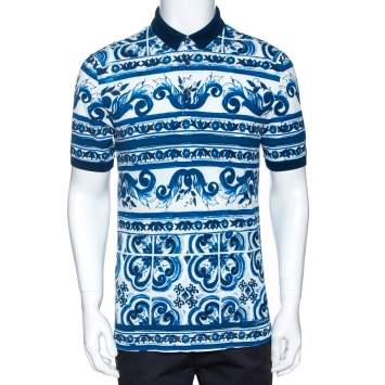Pre Owned Dolce & Gabbana Blue Majolica Print Cotton Polo T-Shirt M
