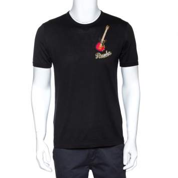 Pre Owned Dolce & Gabbana Black Rumba Guitar Appliqued Cotton T-Shirt M