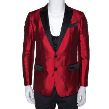 Pre Owned Dolce & Gabbana Red Silk Martini Vest and Tuxedo Blazer Set S