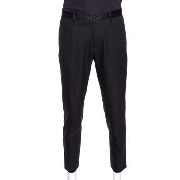 Pre Owned Dolce & Gabbana Black Cotton Silk Grosgrain Trim Tailored Trousers L