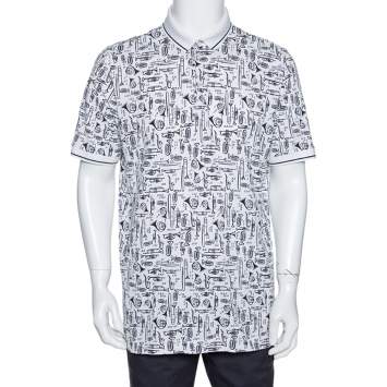 Pre Owned Dolce & Gabbana White Musical Instrument Print Cotton Polo T-Shirt 3XL