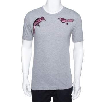 Pre Owned Dolce & Gabbana Grey Cotton Bird Embroidered Crew Neck T Shirt M
