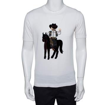 Pre Owned Dolce & Gabbana Cream Cotton Cowboy Patch T Shirt M 