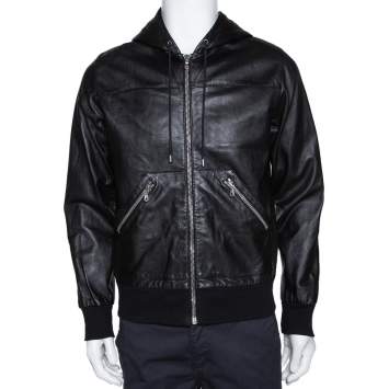 Pre Owned Dolce & Gabbana Black Leather & Jersey Lined Hooded Jacket S 
