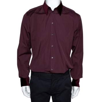 Pre Owned Dolce & Gabbana Burgundy Cotton Velvet Collar Martini Shirt L