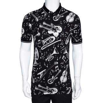 Pre Owned Dolce & Gabbana Monochrome Cotton Pique Musical Print Polo T-Shirt S