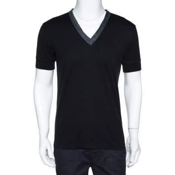 Pre Owned Dolce & Gabbana Black Cotton Contrast Trim V Neck T Shirt M 