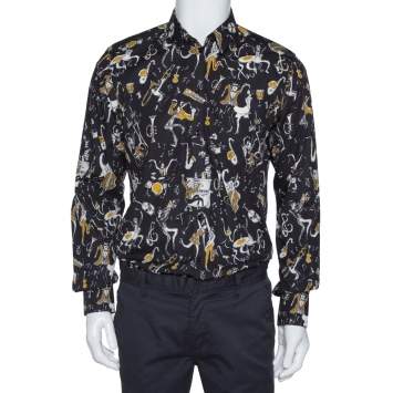 Pre Owned Dolce & Gabbana Gold Black Jazz Club Print Cotton Shirt L
