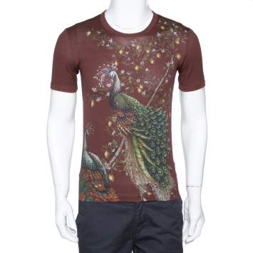 Pre Owned Dolce & Gabbana Bordeaux Peacock Print Cotton Crew Neck T-Shirt XS