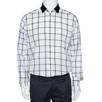 Pre Owned Dolce and Gabbana White Cotton Grid Pattern Button Front Shirt XL
