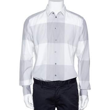 Pre Owned Dolce & Gabbana Pale Grey Plaid Cotton Button Front Shirt XL