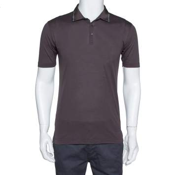 Pre Owned Dolce & Gabbana Dark Brown Cotton Striped Grosgrain Collar Detail Polo T Shirt S