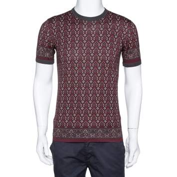 Pre Owned Dolce & Gabbana Burgundy Geometric Printed Cotton Crew Neck T Shirt M 
