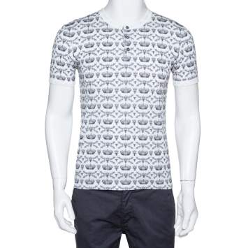Pre Owned Dolce & Gabbana Monochrome Cotton Crown & Bee Print Buttoned Crew Neck T Shirt S 