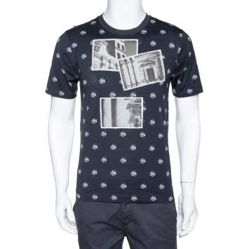 Pre Owned Dolce & Gabbana Navy Blue Cotton Abstract Print Crew Neck T Shirt XS