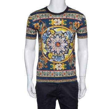 Pre Owned Dolce & Gabbana Dark Blue Majolica Print Cotton Crew Neck T-Shirt S