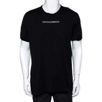 Pre Owned Dolce & Gabbana Black Cotton Jersey Logo Embroidered T-Shirt 4XL