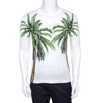 Pre Owned Dolce & Gabbana White Palm Trees Print Cotton V-Neck T-Shirt S