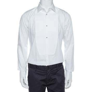 Pre Owned Dolce & Gabbana White Cotton Tuxedo Long Sleeve Gold Shirt XS
