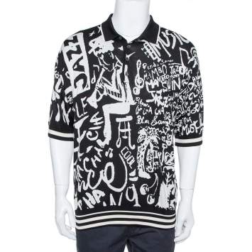 Pre Owned Dolce & Gabbana Monochrome Silk Jazz Print Intarsia Knit Polo T Shirt XXL