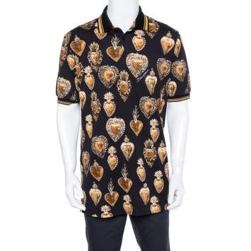 Pre Owned Dolce & Gabbana Black Pique Knit Scared Hearts Print Polo T-shirt XL