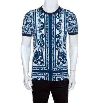 Pre Owned Dolce & Gabbana Blue Majolica Printed Cotton Crewneck T-Shirt L