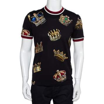 Pre Owned Dolce & Gabbana Black Knit Crown Print Crewneck T-Shirt M