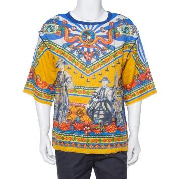 Pre Owned Dolce & Gabbana Multicolor Abstract Printed Linen Fray Detail Oversized T-Shirt M