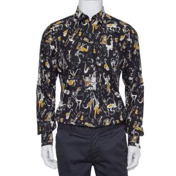 Pre Owned Dolce & Gabbana Gold Black Jazz Club Print Cotton Shirt M