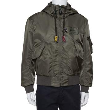 Pre Owned Dolce & Gabbana Dark Green Synthetic Cargo Pocket Detail Hooded Jacket M