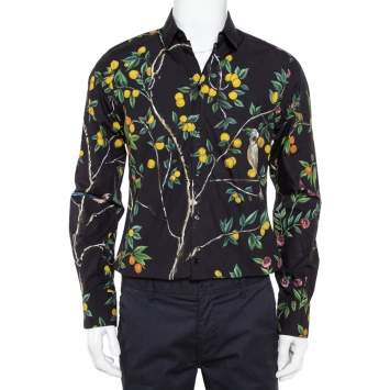 Pre Owned Dolce & Gabbana Midnight Blue Lemon Printed Cotton Button Front Gold Shirt M 