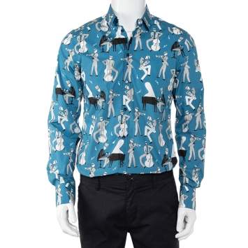 Pre Owned Dolce & Gabbana Blue Jazz Printed Cotton Button Front Gold Shirt L