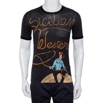 Pre Owned Dolce & Gabbana Black Sicilian Western Printed Cotton Crewneck T-Shirt XS