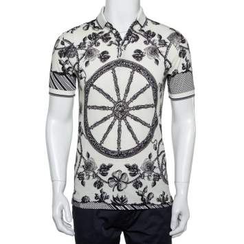 Pre Owned Dolce & Gabbana Monochrome Cotton Pique Rose Printed Polo  T-Shirt XS