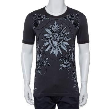 Pre Owned Dolce & Gabbana Grey Sacred Heart Flock Print Cotton T-Shirt XS