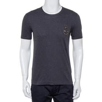 Pre Owned Dolce & Gabbana Grey Cotton Crown & Bee Patch T Shirt XS