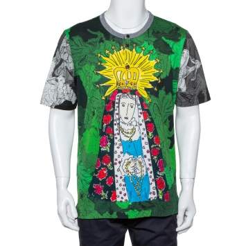 Pre Owned Dolce & Gabbana Green Virgin Mary Graffiti Printed Cotton Crewneck Button Front T-Shirt 3XL