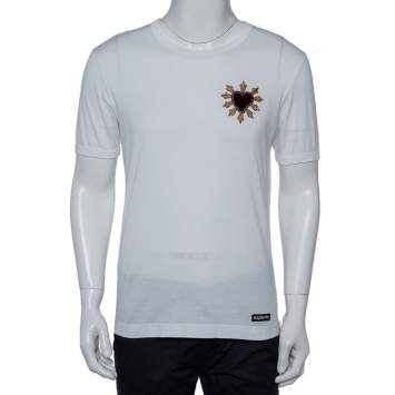 Pre Owned Dolce & Gabbana White Cotton Sacred Heart Applique Crewneck T-Shirt M