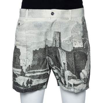 Pre Owned Dolce & Gabbana Green Roman Ruins Printed Cotton Pleated Shorts L