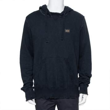 Pre Owned Dolce & Gabbana Navy Blue Cotton Frayed Detail Hoodie XL
