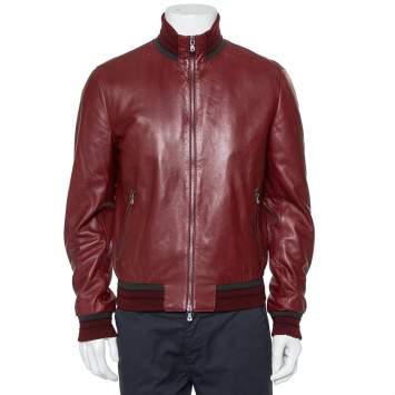Pre Owned Dolce & Gabbana Burgundy Leather Nappa Bomber Jacket L