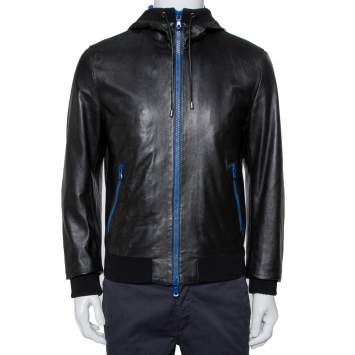 Pre Owned Dolce & Gabbana Black Leather Zip Front Hooded Jacket L