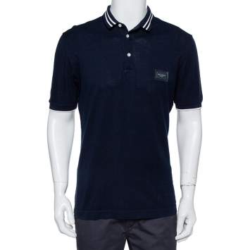 Pre Owned Dolce & Gabbana Navy Blue Cotton Logo Plaque Detail Polo T-Shirt L