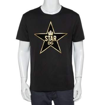 Pre Owned Dolce & Gabbana Black DG Star Patch Cotton Crewneck T-Shirt L