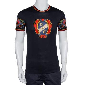 Pre Owned Dolce & Gabbana Black Heraldic Printed Cotton Crewneck T-Shirt XS