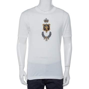 Pre Owned Dolce & Gabbana White Cotton Applique Detail Crewneck T-Shirt M