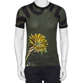 Pre Owned Dolce & Gabbana Green Sunflower Printed Cotton Crewneck T-Shirt XS